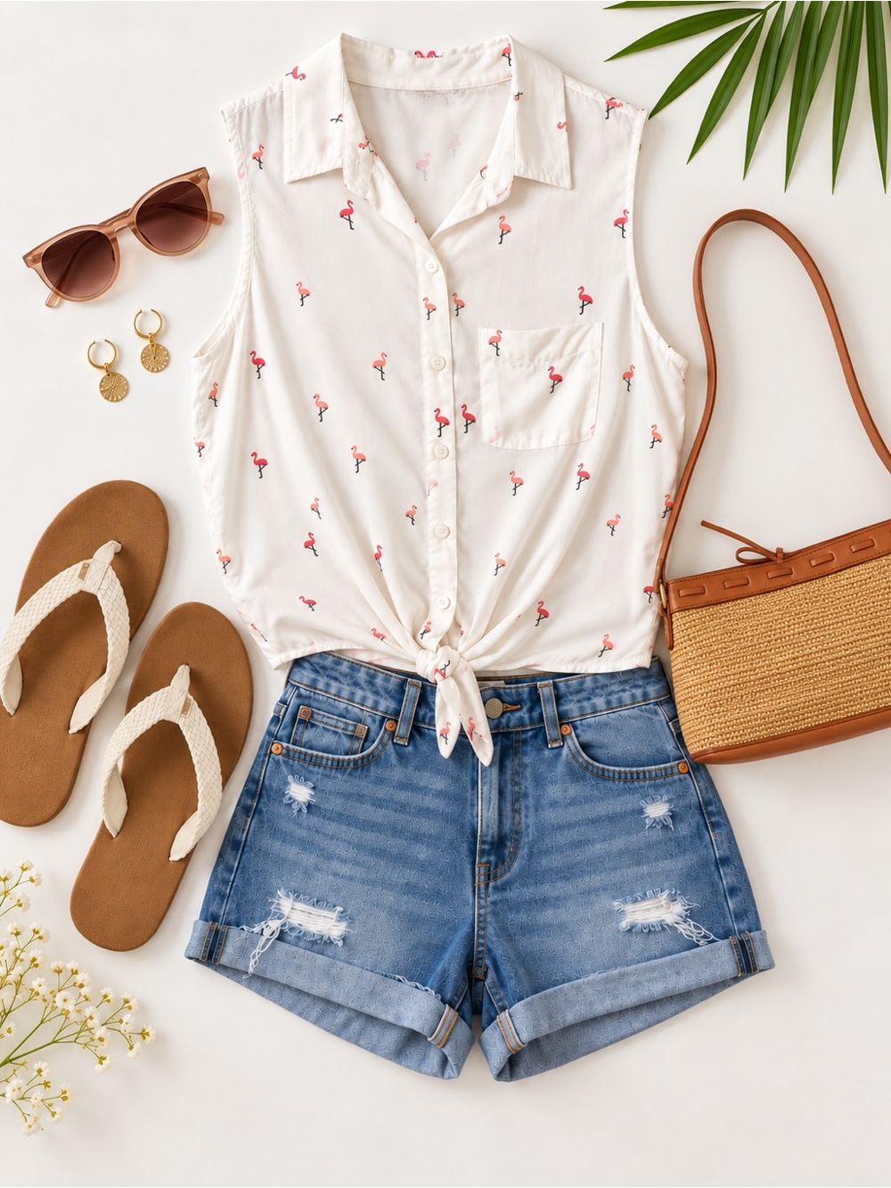 beachlunchlounge White Sleeveless Tie-Front Blouse with Pink Flamingo Print